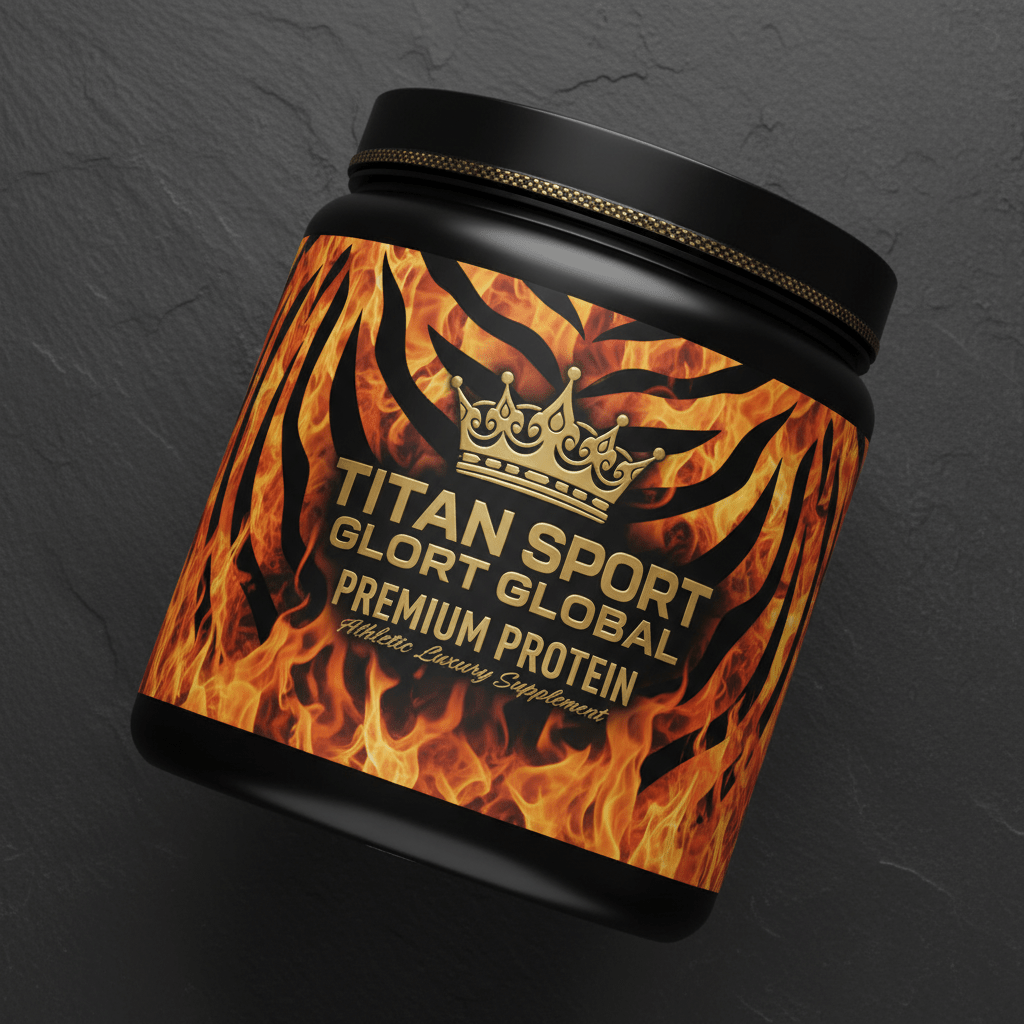 TITAN Whey Protein Powder Tiger Flame Crown Edition tub flat lay