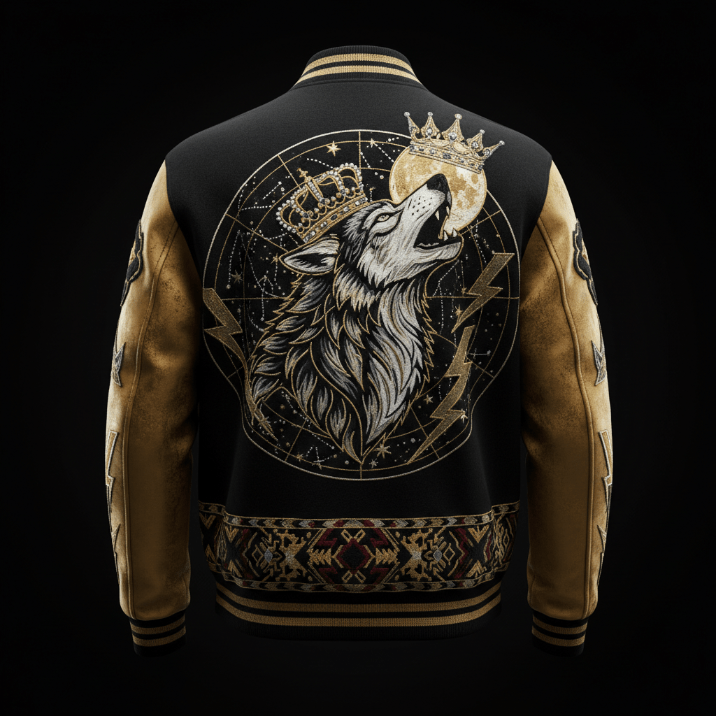 Alpha Wolf Crown Varsity Jacket — TITAN Crown Edition spiritual warrior streetwear