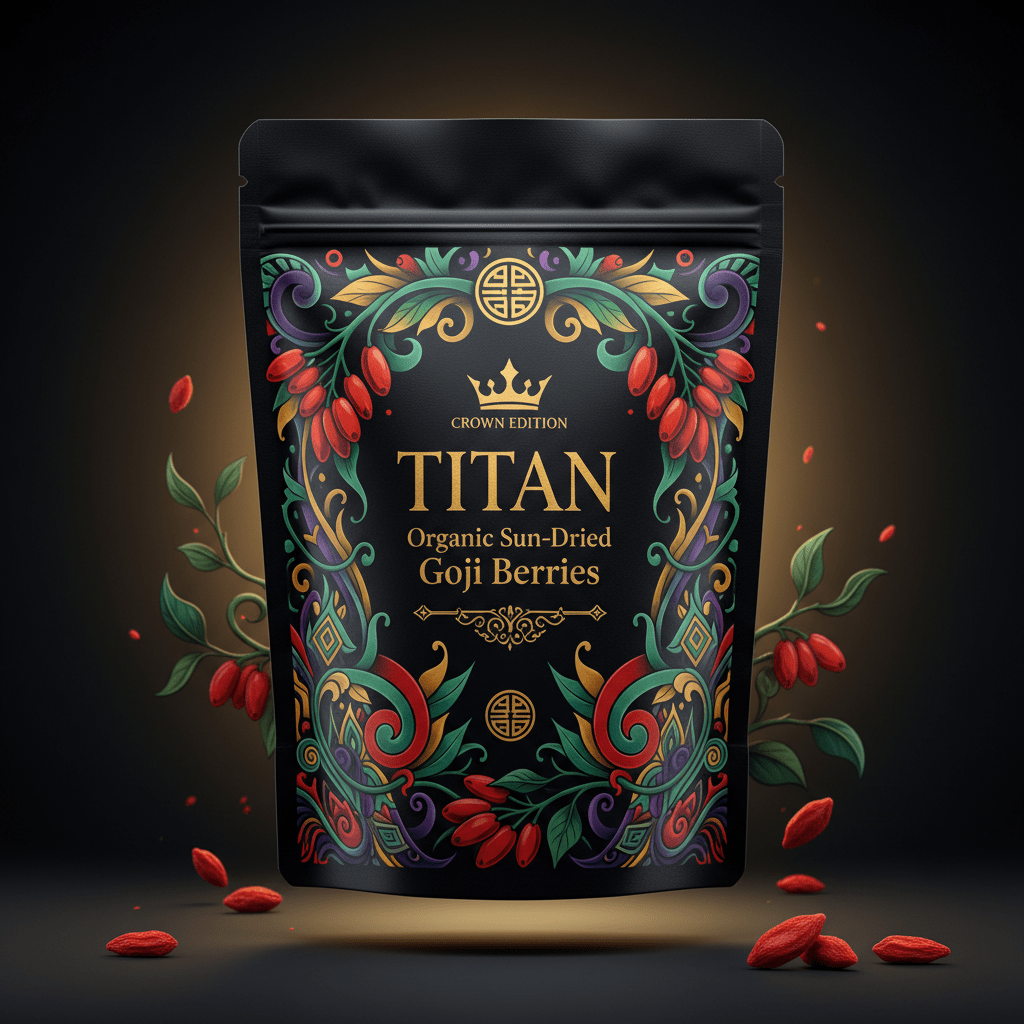 TITAN Organic Goji Berries — Sun-Dried, Crown Edition tattoo-style artwork