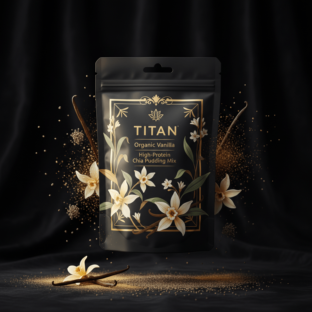 TITAN Organic High-Protein Chia Pudding Mix Vanilla — ultra-premium luxury editorial product shot