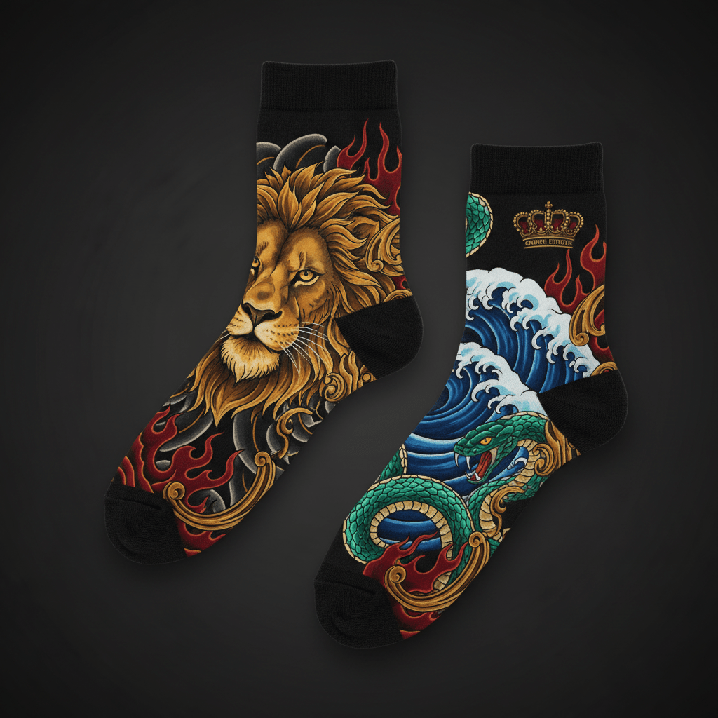 TITAN Crown Edition Tattoo Art No-Show Socks - bold colorful tattoo artwork on matte black fabric