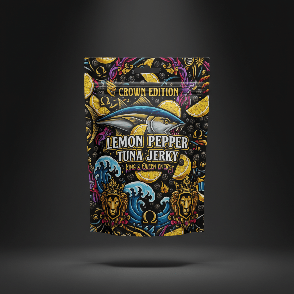 TITAN Protein Fish Jerky Lemon Pepper Tuna — Crown Edition bold tattoo-style artwork