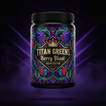 TITAN Greens Superfood Powder Berry Blast container with wild berries, vines and crown tattoo-style Crown Edition artwork in deep purple, blue and gold