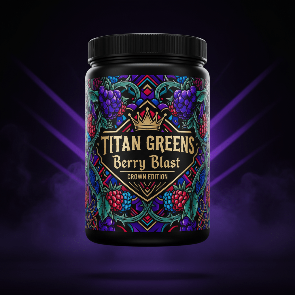TITAN Greens Superfood Powder Berry Blast container with wild berries, vines and crown tattoo-style Crown Edition artwork in deep purple, blue and gold