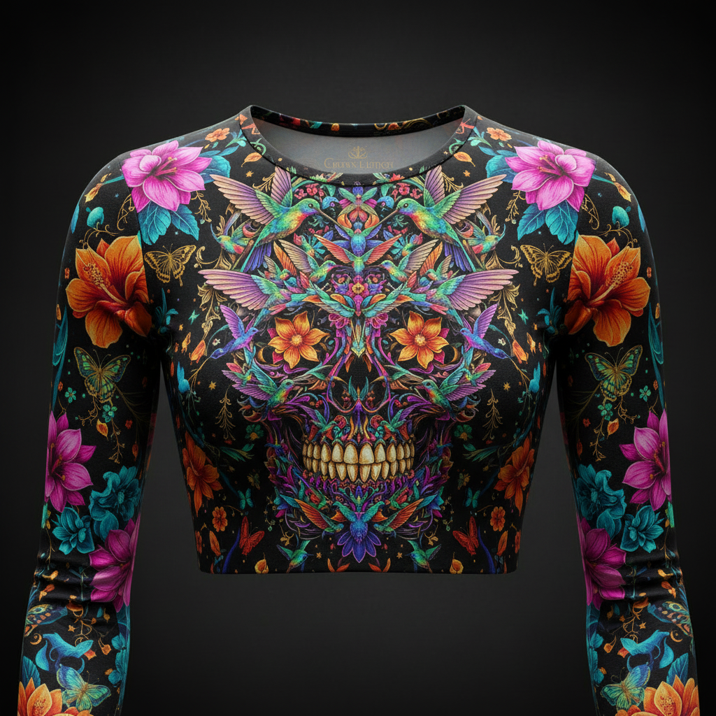 TITAN Women’s Volcanic Hummingbird Skull Bloom Long Sleeve Crop — Calavera Colibri Edition