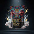 TITAN Whey Protein Cookies and Cream supplement bag with bold tattoo-style Crown Edition artwork