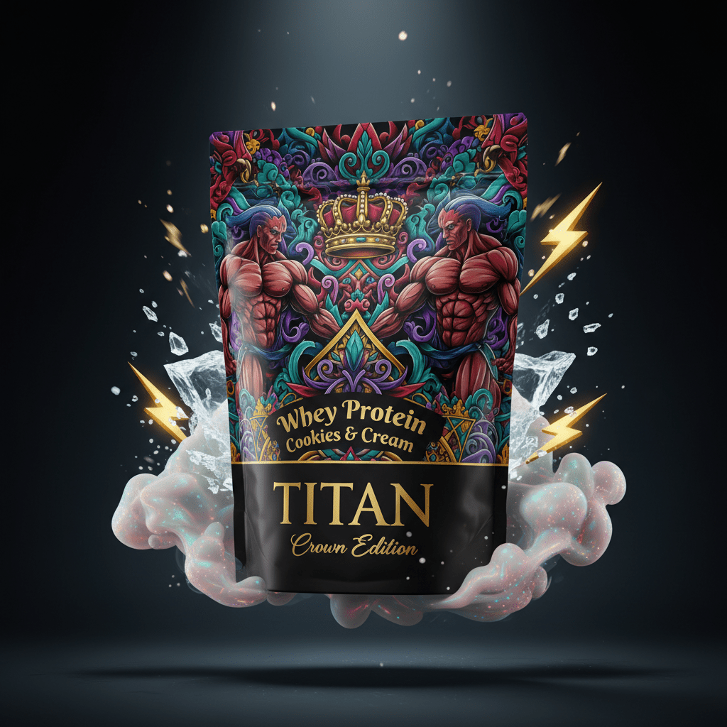 TITAN Whey Protein Cookies and Cream supplement bag with bold tattoo-style Crown Edition artwork