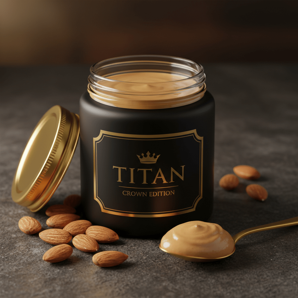 TITAN Almond Butter Classic Smooth Crown Edition — premium wide-mouth black glass jar product shot
