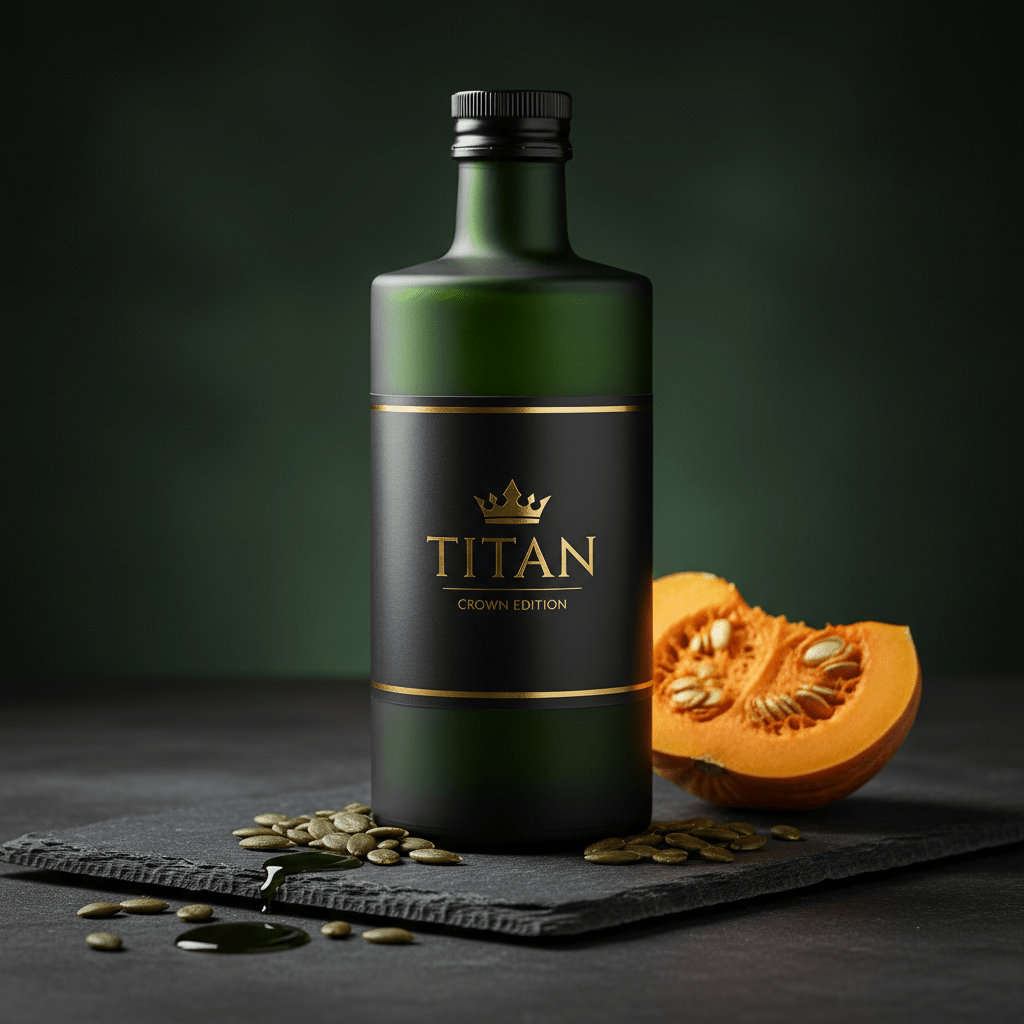 TITAN Pumpkin Seed Oil Cold-Pressed Crown Edition — premium dark green frosted glass bottle product shot
