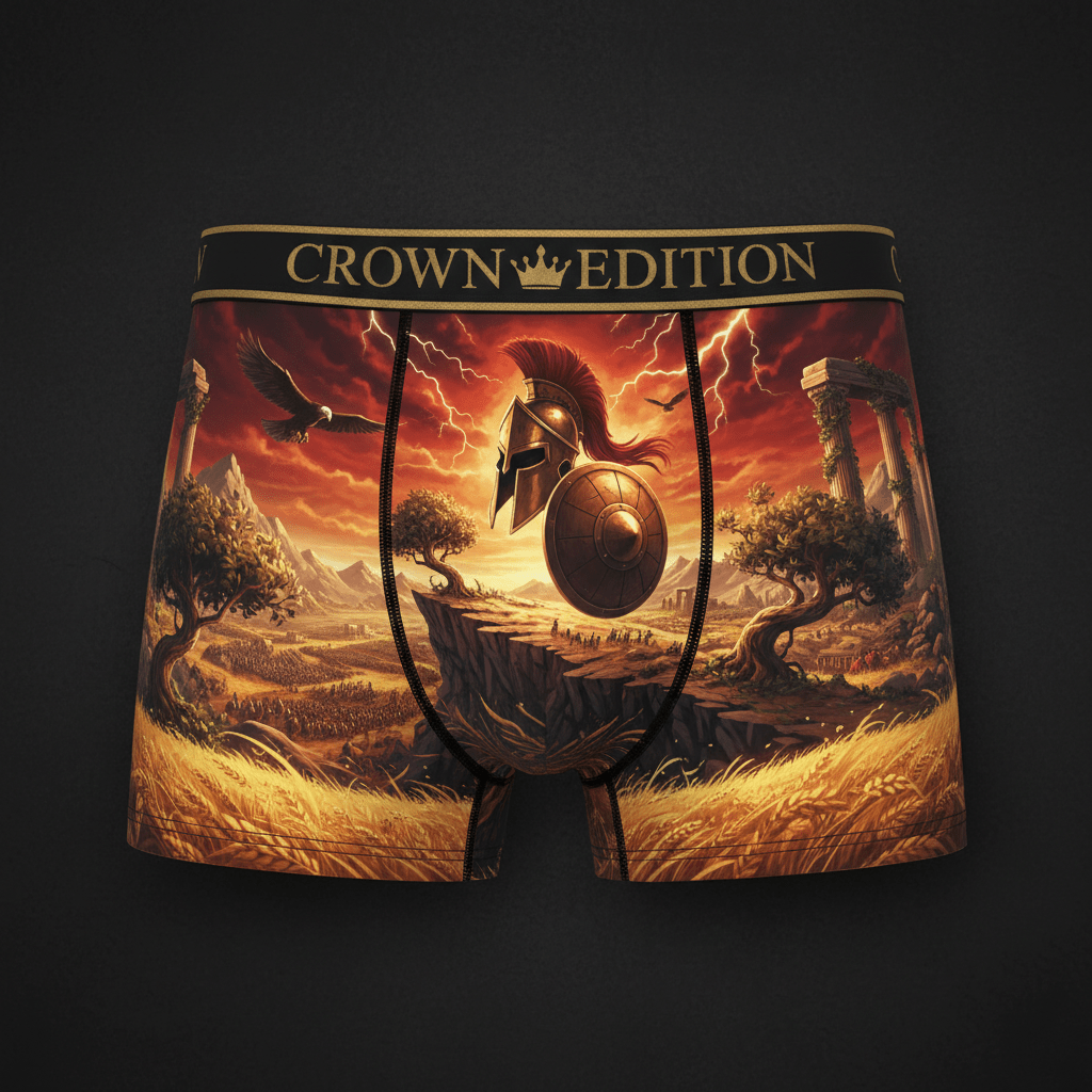 TITAN Spartan Legend Men's Boxer Briefs Crown Edition — anime Spartan warrior art on matte black