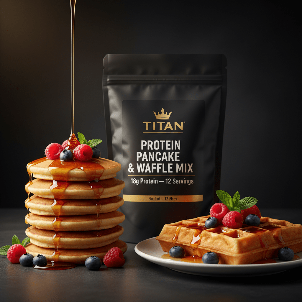 TITAN Protein Pancake & Waffle Mix — Matte black bag with gold crown, fluffy pancakes and waffle with maple syrup