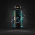 TITAN Omega-3 Vegan Algae Oil supplement bottle with Crown Edition matte black and gold packaging featuring bioluminescent deep ocean algae artwork in electric blue and aqua teal