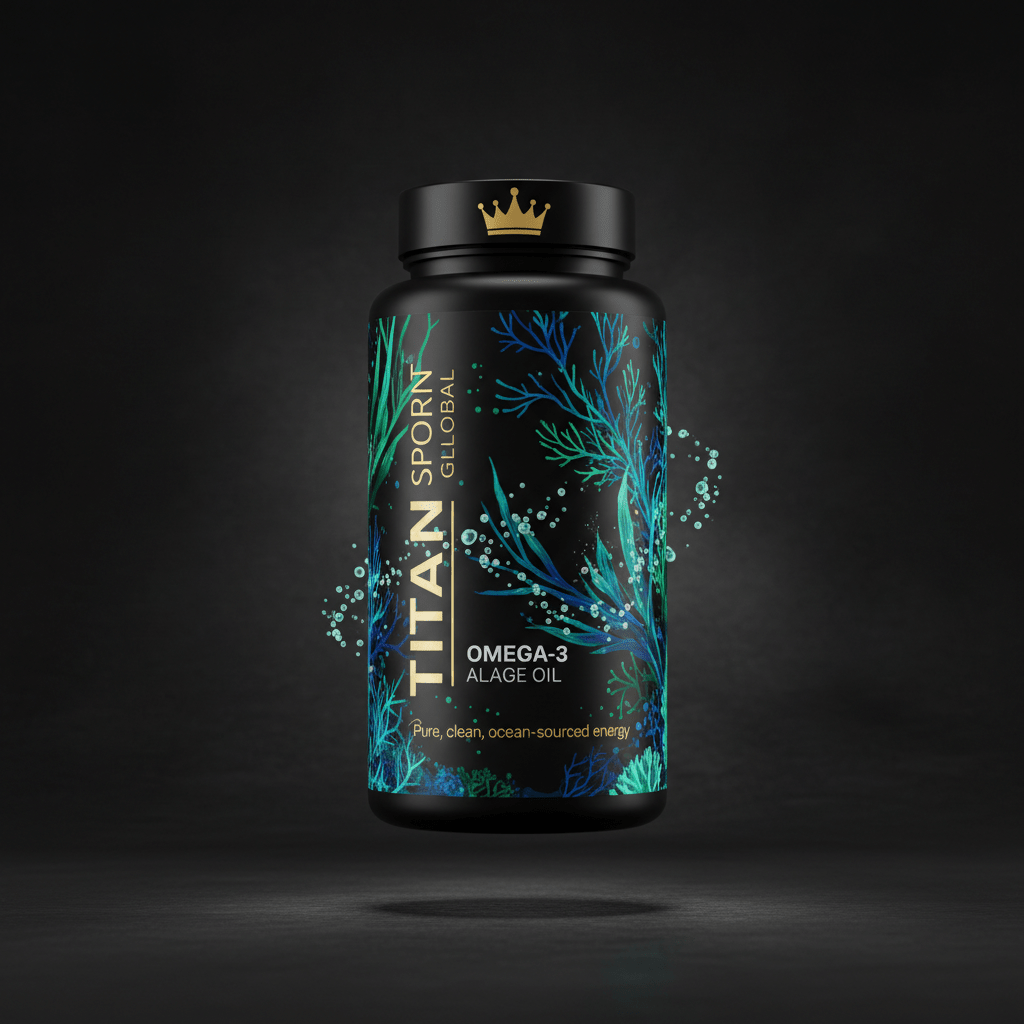 TITAN Omega-3 Vegan Algae Oil supplement bottle with Crown Edition matte black and gold packaging featuring bioluminescent deep ocean algae artwork in electric blue and aqua teal