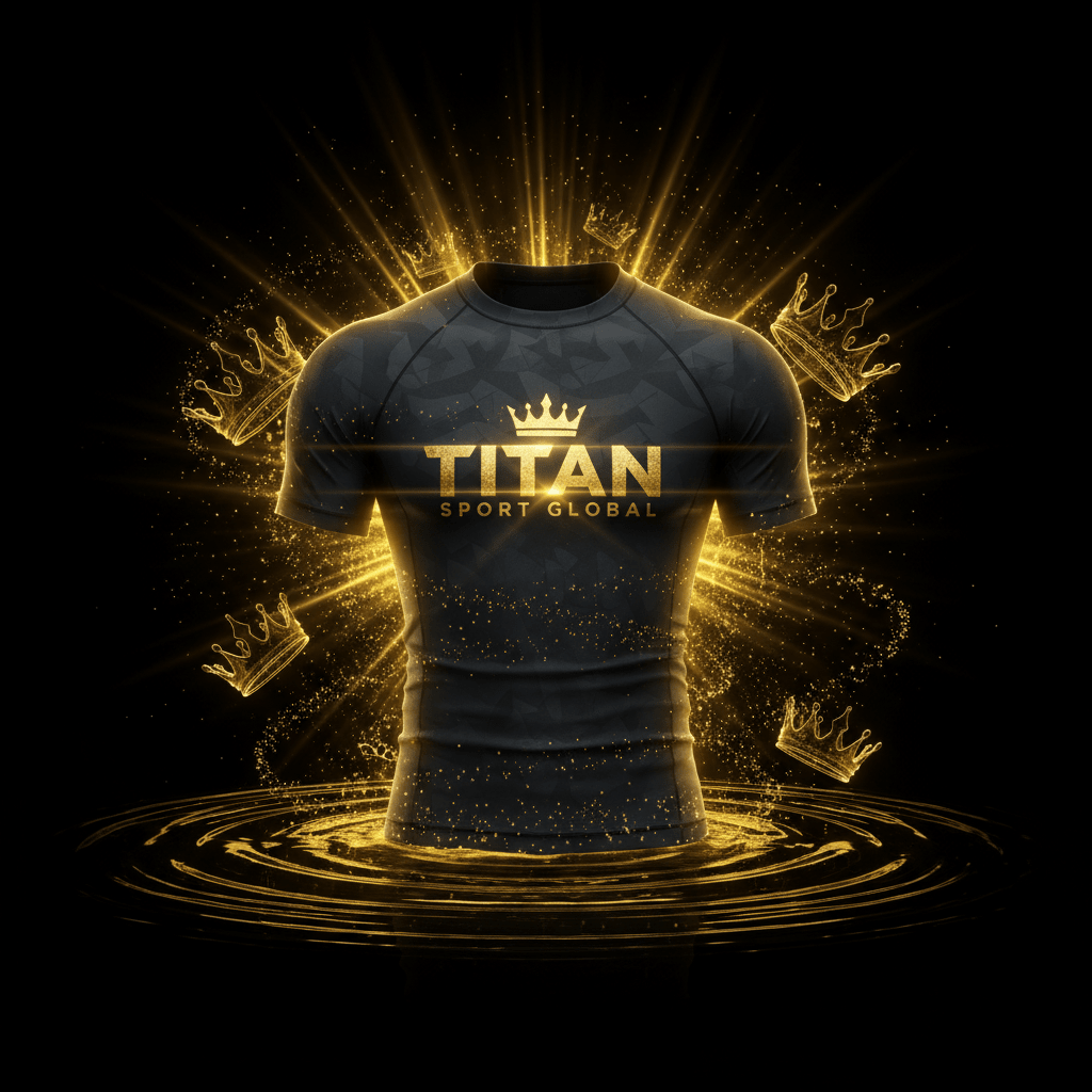 TITAN SPORT GLOBAL rash guard with gold crown branding on dark background