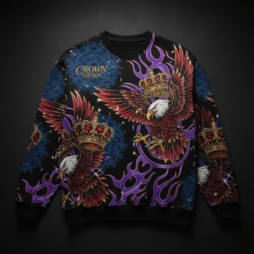 TITAN Crown Edition Tattoo Art Men's Lounge Crewneck - bold eagle mandala tattoo artwork on matte black heavyweight fleece