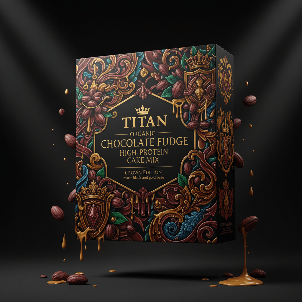 TITAN Organic High-Protein Cake Mix Chocolate Fudge — Crown Edition tattoo-style artwork
