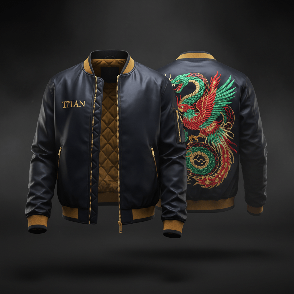 TITAN Embroidered Bomber Jacket - Midnight Navy Serpent & Phoenix Edition