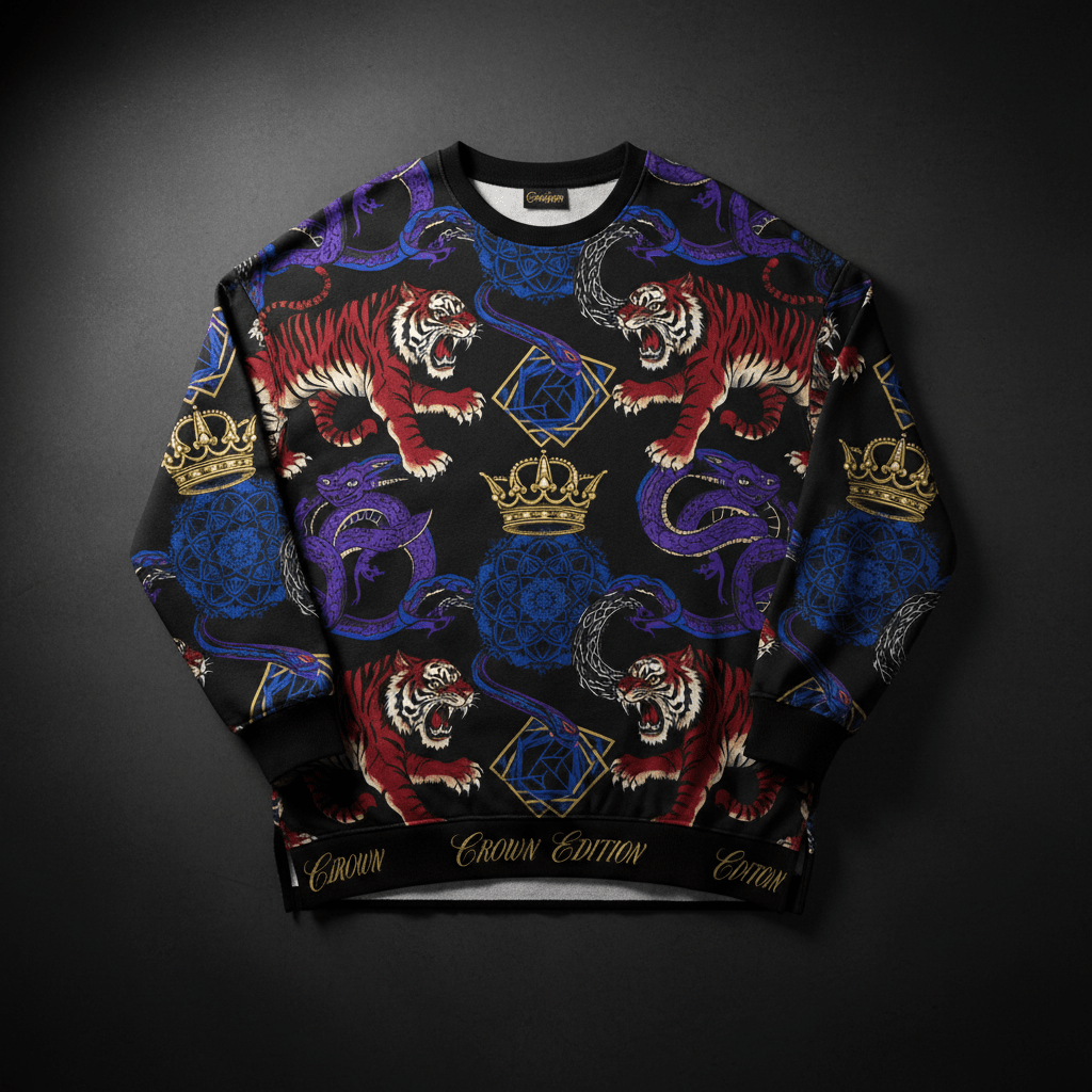 TITAN Crown Edition Tattoo Art Men's Lounge Split Hem Sweatshirt - bold colorful tattoo artwork on matte black heavyweight fabric
