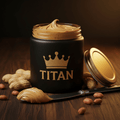 TITAN Peanut Butter Protein Spread High Protein Crown Edition — premium wide-mouth black glass jar product shot