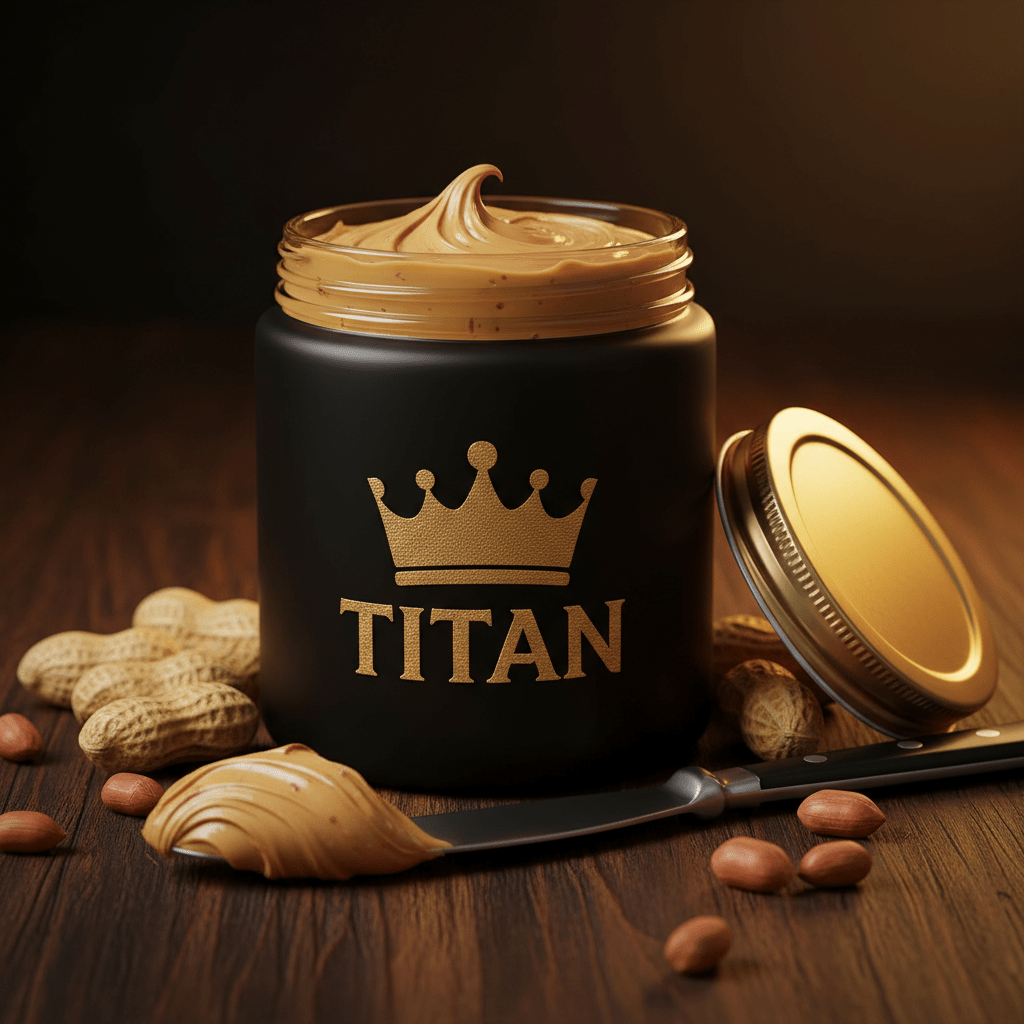TITAN Peanut Butter Protein Spread High Protein Crown Edition — premium wide-mouth black glass jar product shot