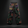 TITAN Women's Wide-Leg Sweatpants with floral, butterfly and crown tattoo-style Crown Edition artwork in purple, emerald and gold on matte black