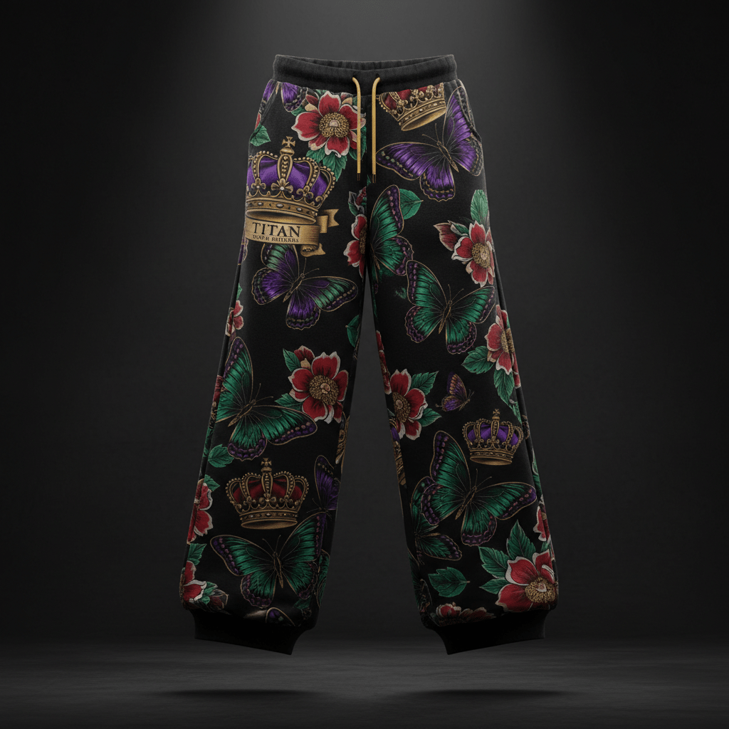 TITAN Women's Wide-Leg Sweatpants with floral, butterfly and crown tattoo-style Crown Edition artwork in purple, emerald and gold on matte black