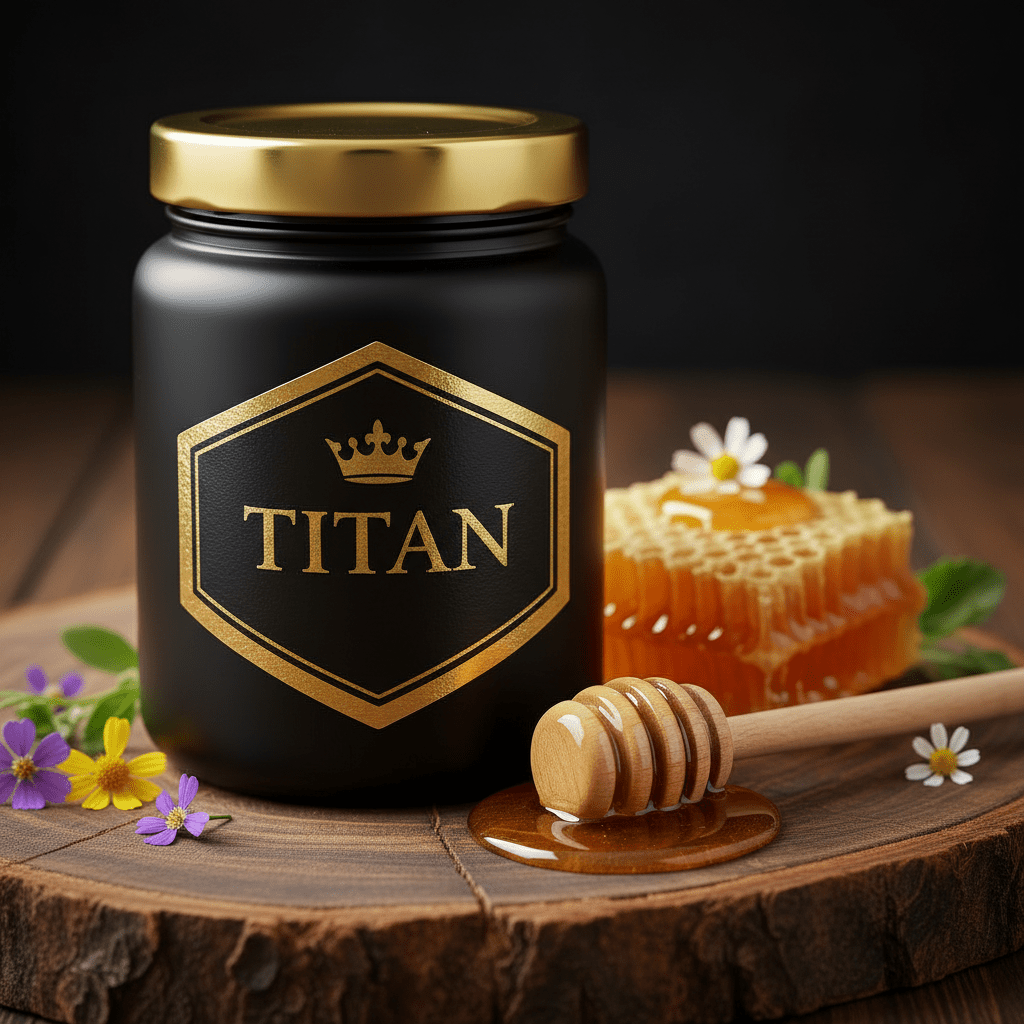TITAN Raw Unfiltered Honey Pure & Natural Crown Edition — premium wide-mouth black glass jar product shot
