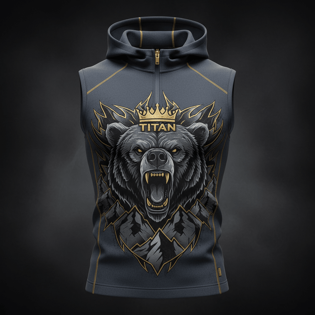TITAN Men's Compression Slimming Hoodie Vest Slate Grey Bear Crown Edition flat lay