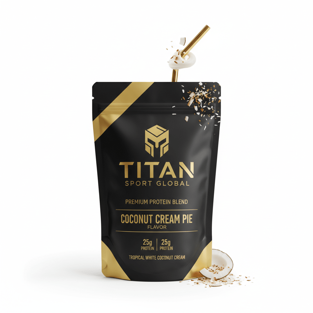 TITAN Protein Shake Pouch Coconut Cream Pie — matte black pouch