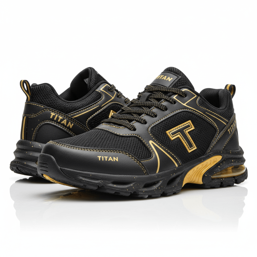 TITAN Cross Training Shoes Men's front view, black and gold colorway