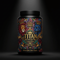 TITAN Casein Protein 4lb Crown Edition tub with bold tattoo-style artwork on dark studio background