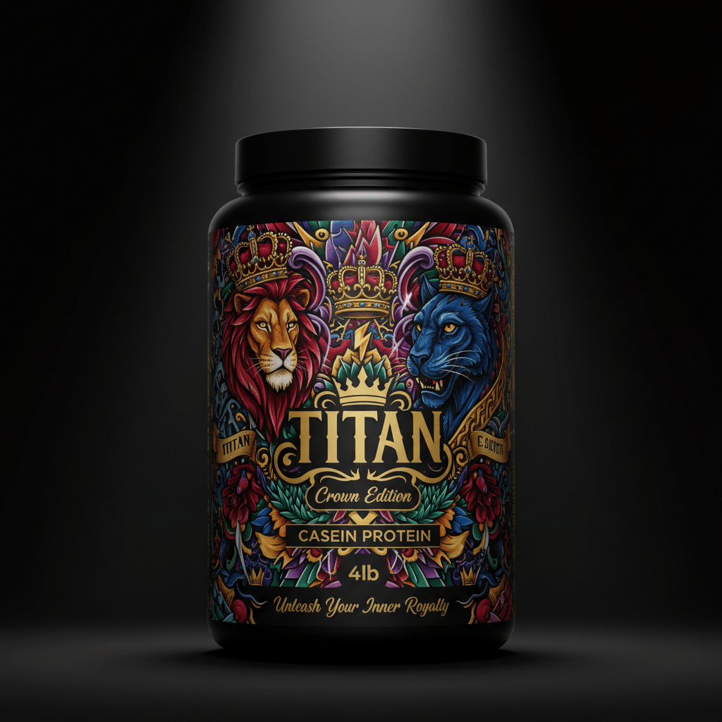 TITAN Casein Protein 4lb Crown Edition tub with bold tattoo-style artwork on dark studio background
