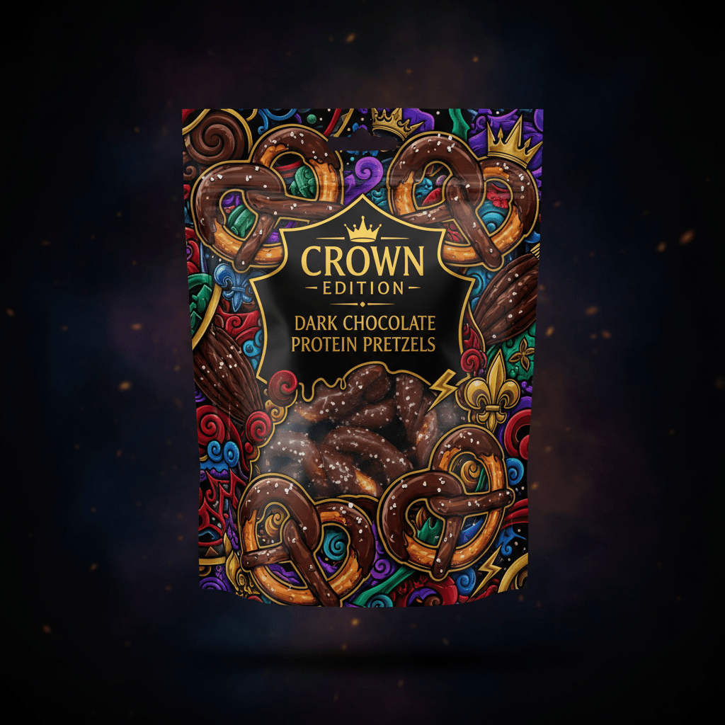 TITAN Protein Pretzel Dark Chocolate — Crown Edition bold tattoo-style artwork