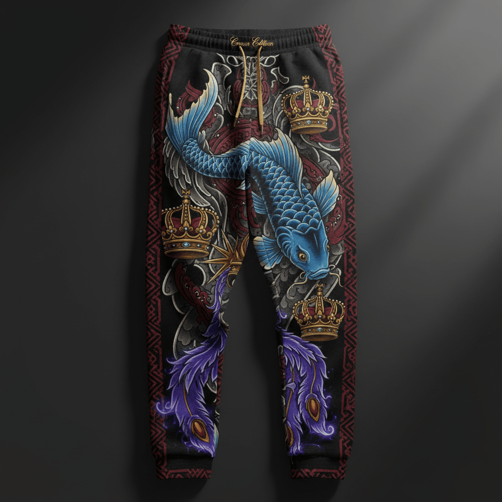 TITAN Crown Edition Tattoo Art Men's Lounge Joggers - bold koi phoenix tattoo artwork on matte black fabric