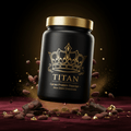 TITAN Cacao Protein Powder – Raw Dark Chocolate, matte black tub with gold crown tattoo artwork