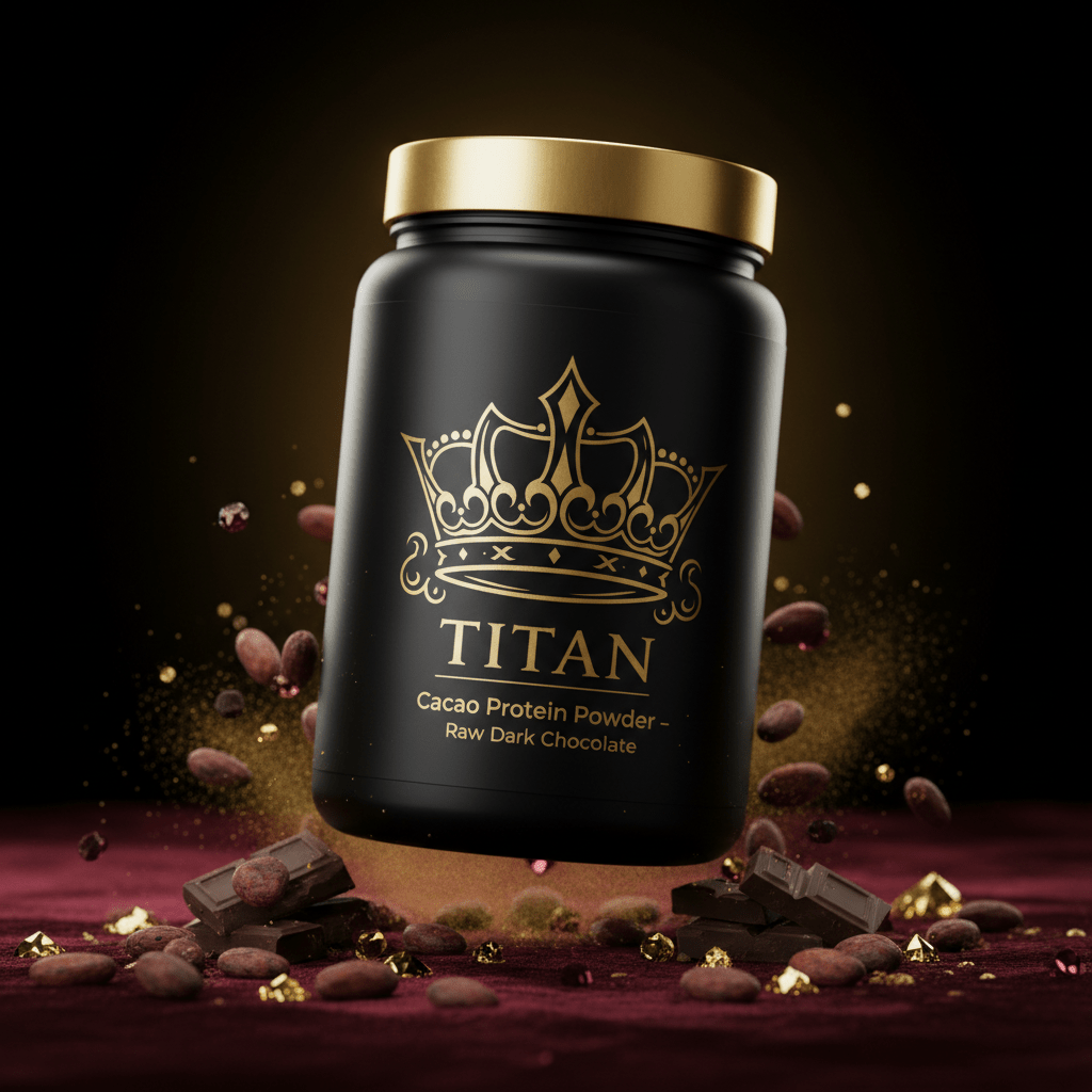 TITAN Cacao Protein Powder – Raw Dark Chocolate, matte black tub with gold crown tattoo artwork