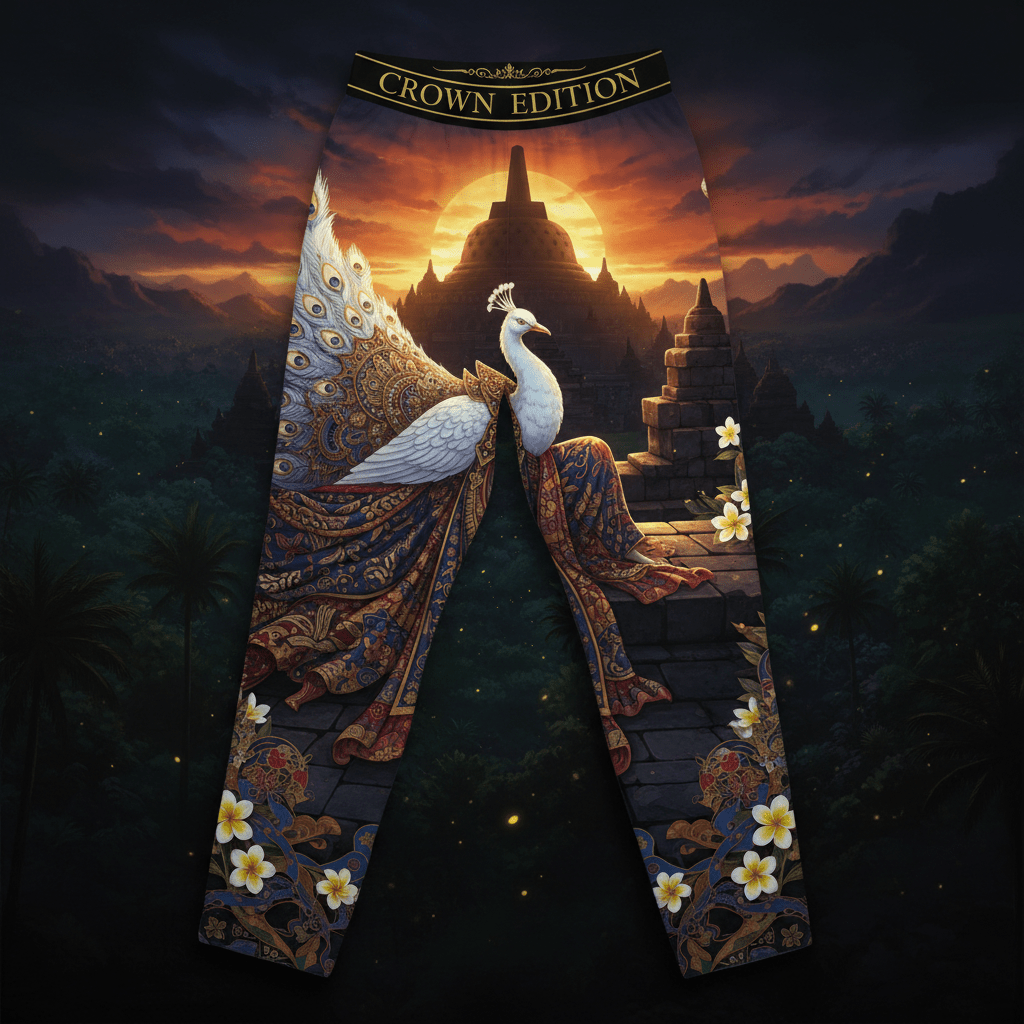 TITAN Borobudur Peacock Women's Lounge Pants Crown Edition — peacock in Javanese court dancer robes anime art on matte black