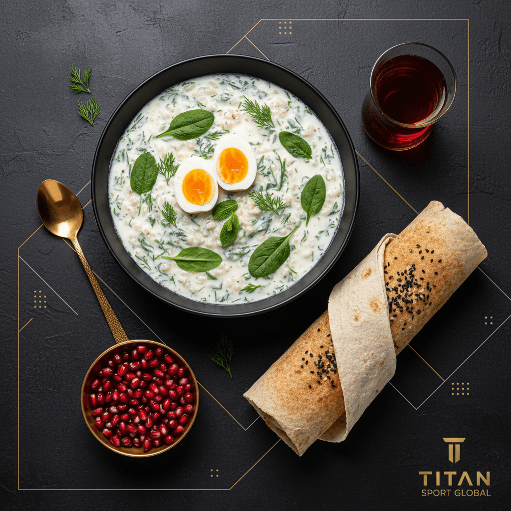 TITAN Azerbaijani Dovga Yogurt Power Breakfast flat lay dark luxury