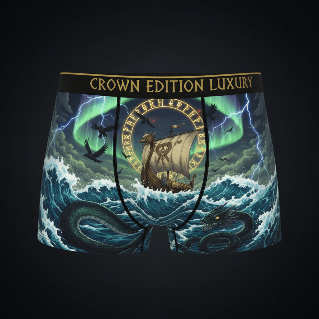 TITAN Viking Storm Men's Boxer Briefs Crown Edition — anime Viking ship art on matte black