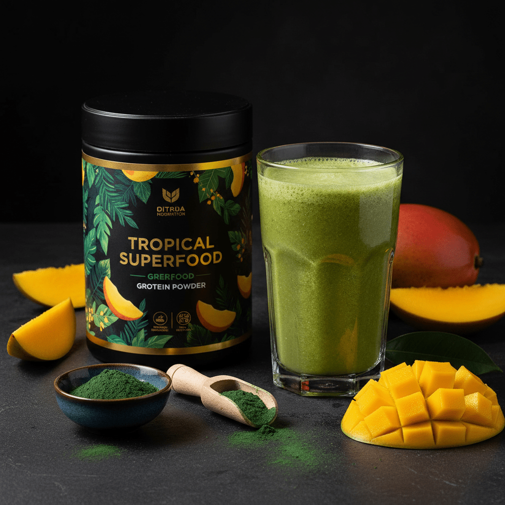 TITAN Superfood Green Protein Powder – Tropical Mango, premium product photography
