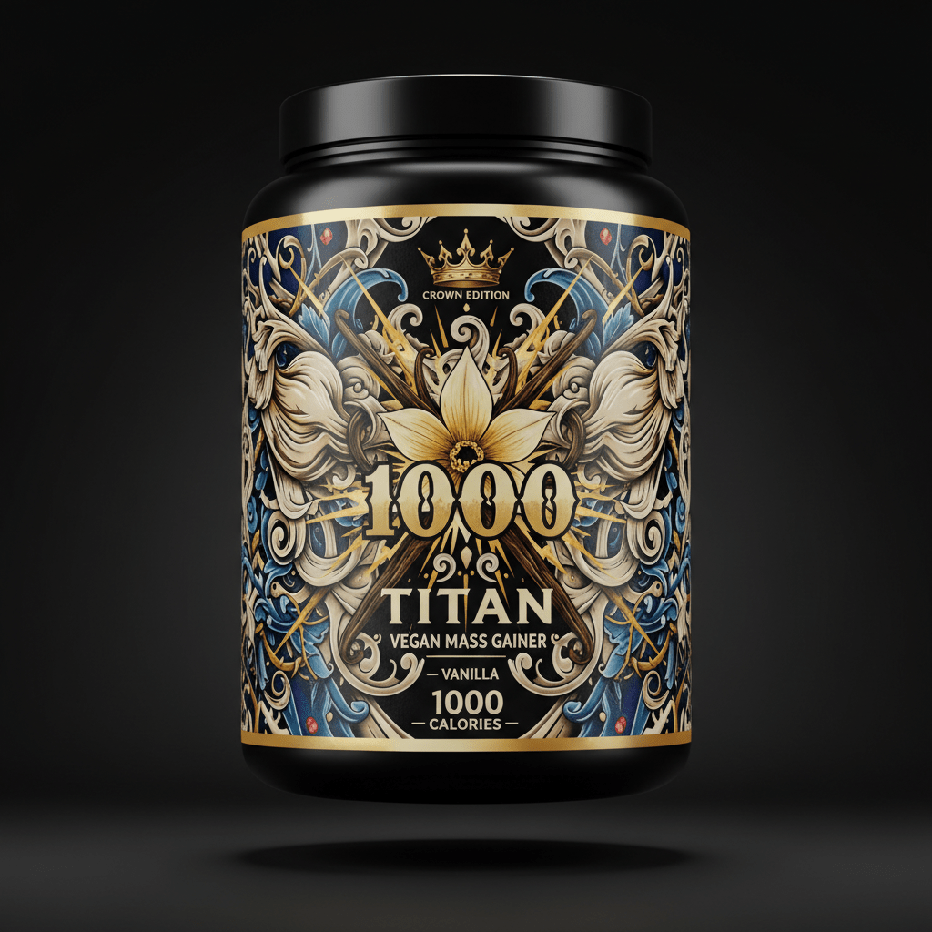 TITAN Vegan Mass Gainer — Vanilla 1000 Cal, Crown Edition tattoo-style artwork