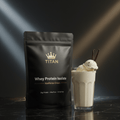 TITAN Whey Protein Isolate Vanilla Ice Cream — Matte black bag with gold crown, creamy vanilla shake and vanilla bean pods