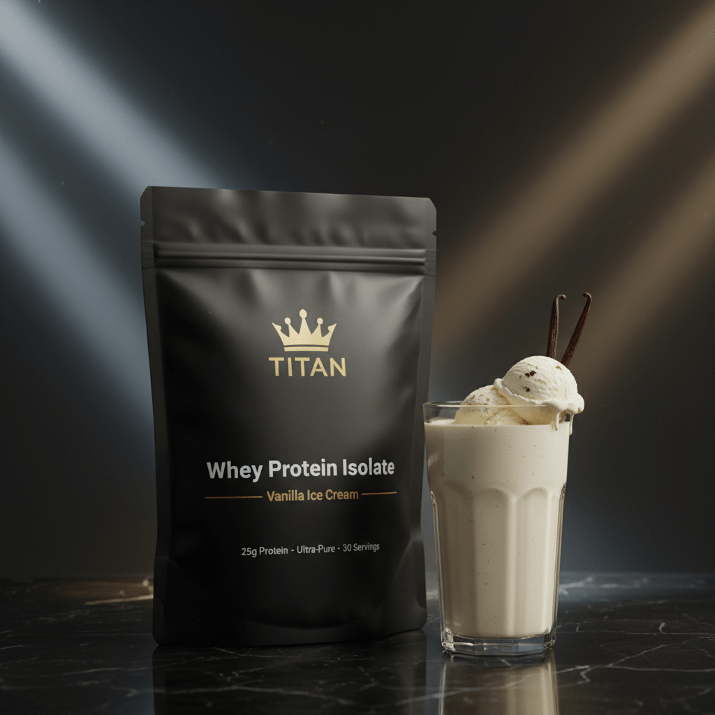 TITAN Whey Protein Isolate Vanilla Ice Cream — Matte black bag with gold crown, creamy vanilla shake and vanilla bean pods