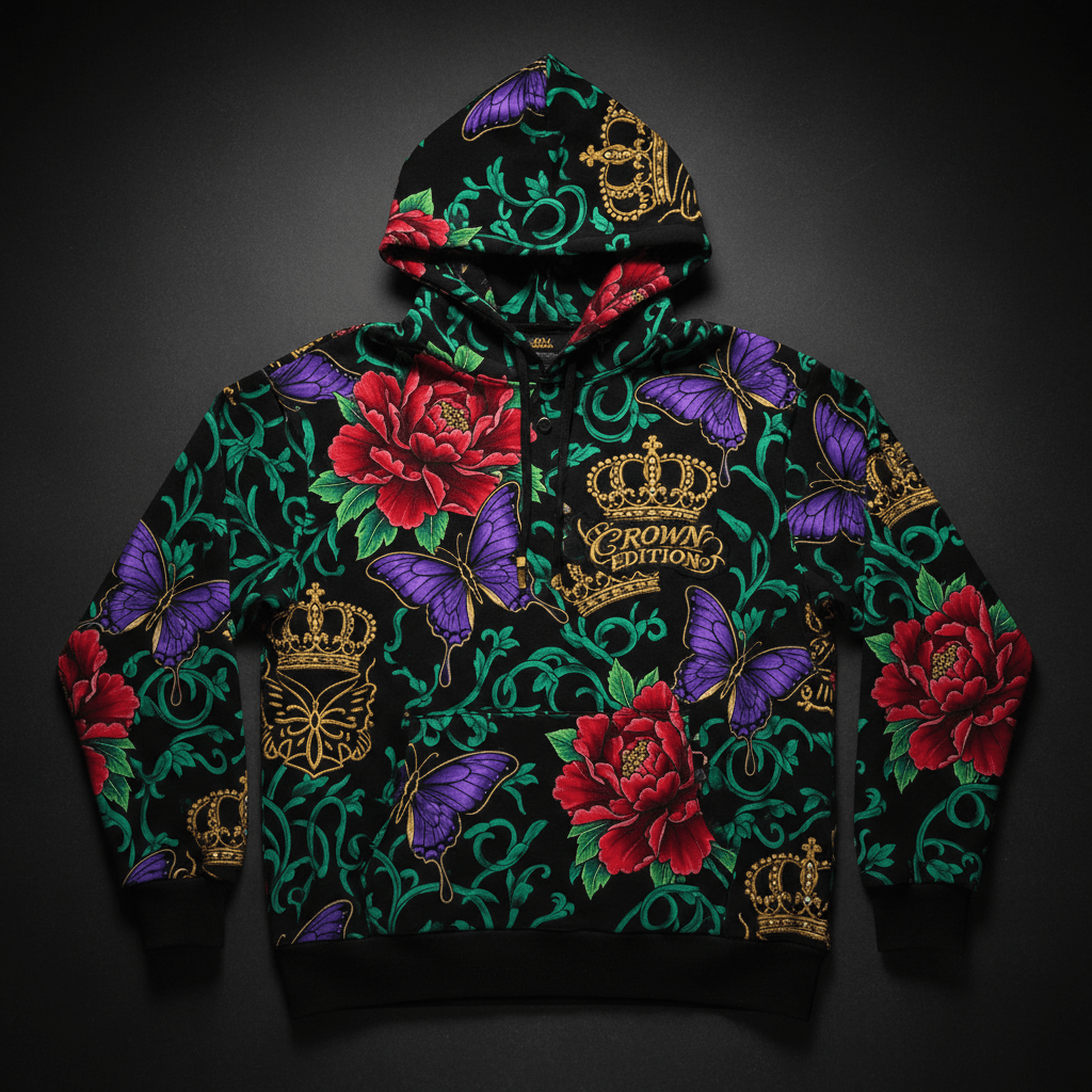 TITAN Crown Edition Tattoo Art Women's Lounge Crown Patch Hoodie - bold colorful tattoo artwork on matte black heavyweight fleece