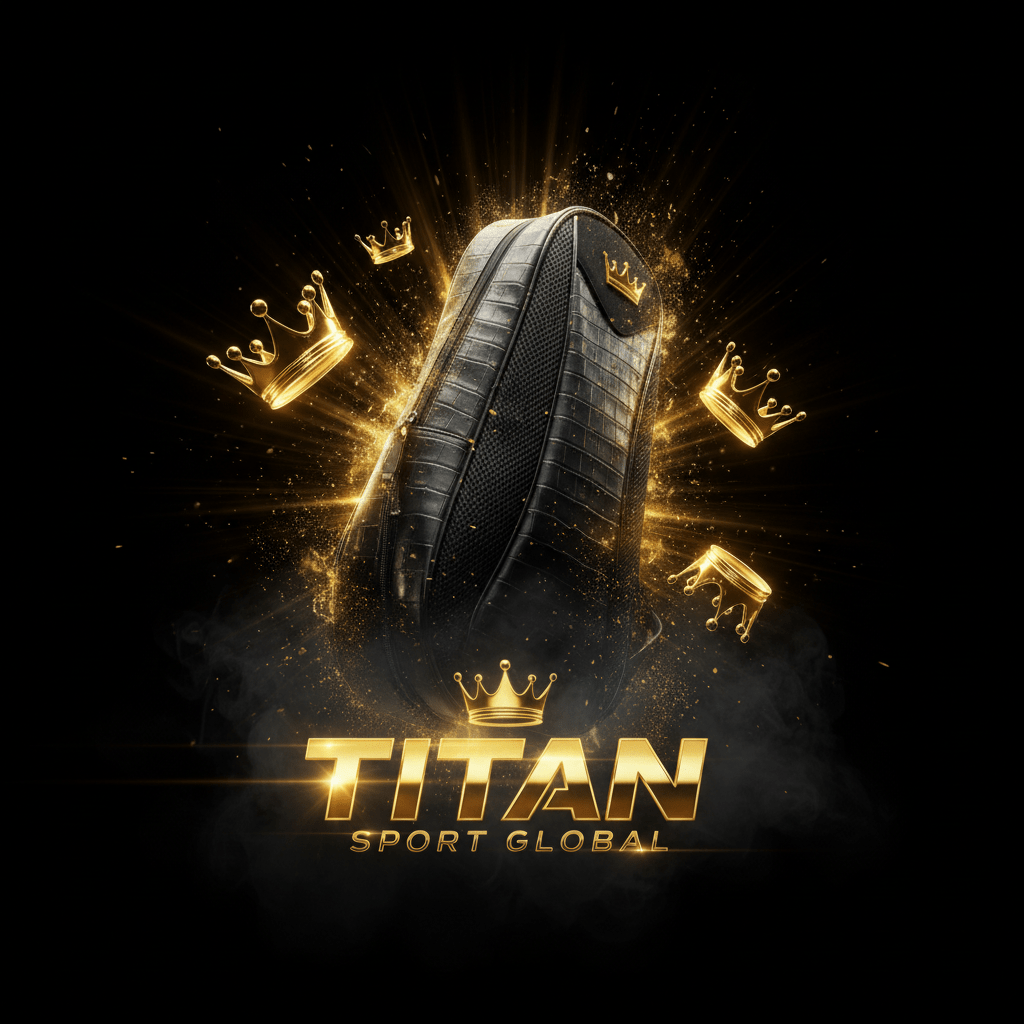TITAN SPORT GLOBAL tennis racket bag with gold crown branding on dark background