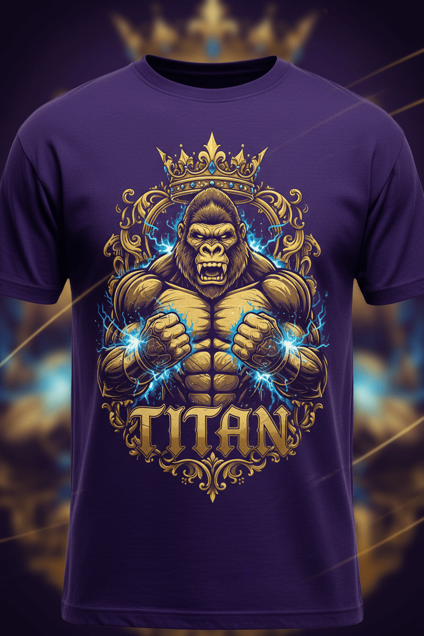 TITAN Gorilla Crown Graphic Tee in Royal Purple with gold gorilla crown graphic