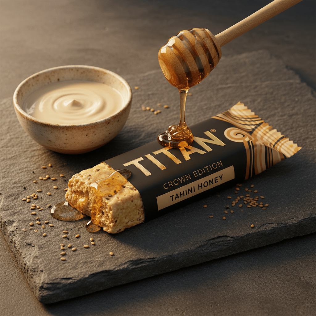 TITAN Vegan Protein Bar Tahini Honey Crown Edition — 20g protein premium product shot