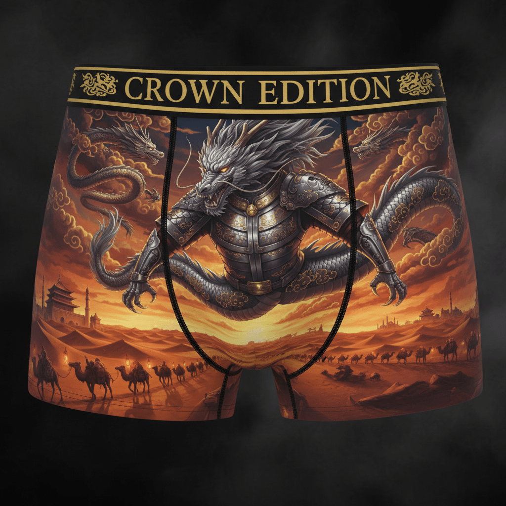 TITAN Tang Dynasty Dragon Warrior Men's Boxer Briefs Crown Edition — dragon in Tang Dynasty armor anime art on matte black