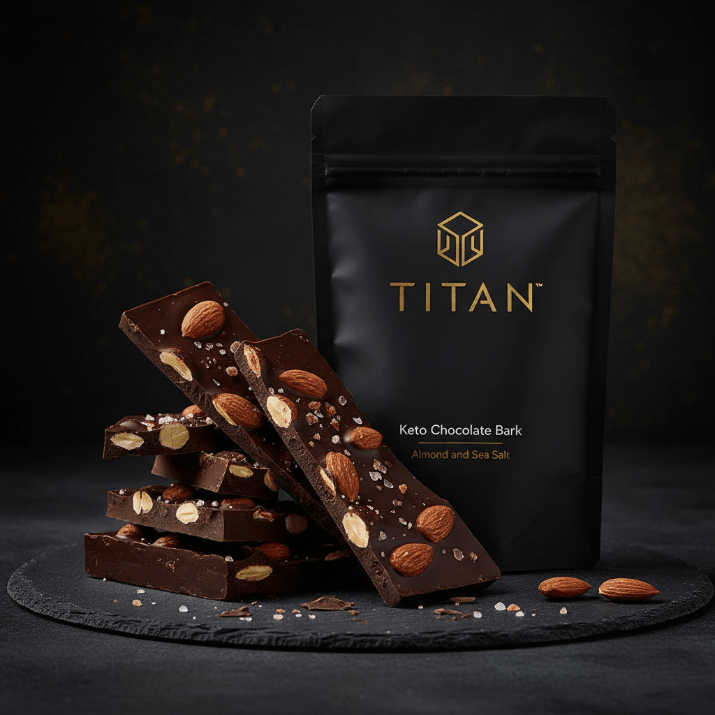 TITAN Keto Chocolate Bark Almond & Sea Salt — dramatic shattered bark shot with roasted almonds and Himalayan sea salt crystals on dark slate