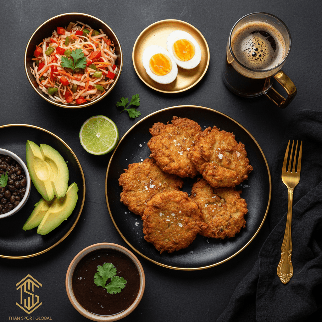 TITAN Haitian Akra Black Bean Power Breakfast flat lay dark luxury